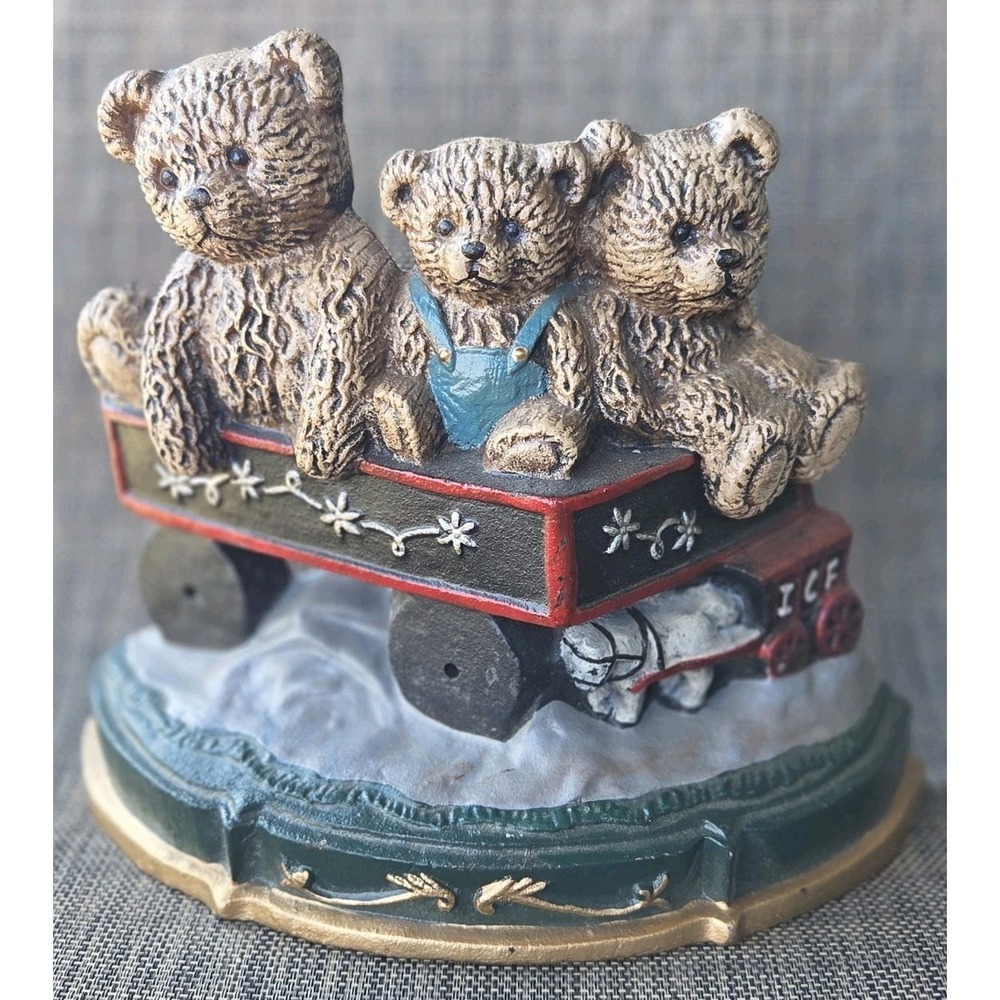 Vtg 🧸 Three Teddy Bear Cast Iron Train Car Doorstop Bookend Decor Heavy
